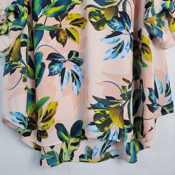 Worthington split neck roll tab sleeve popover tunic top sz 4X pink green leaves - Picture 3 of 7